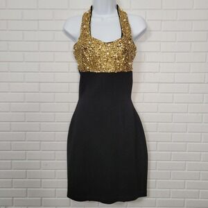 Vintage 80s Rampage Black Cocktail Dress Sz M Gold Sequin Pearls Halter Glam